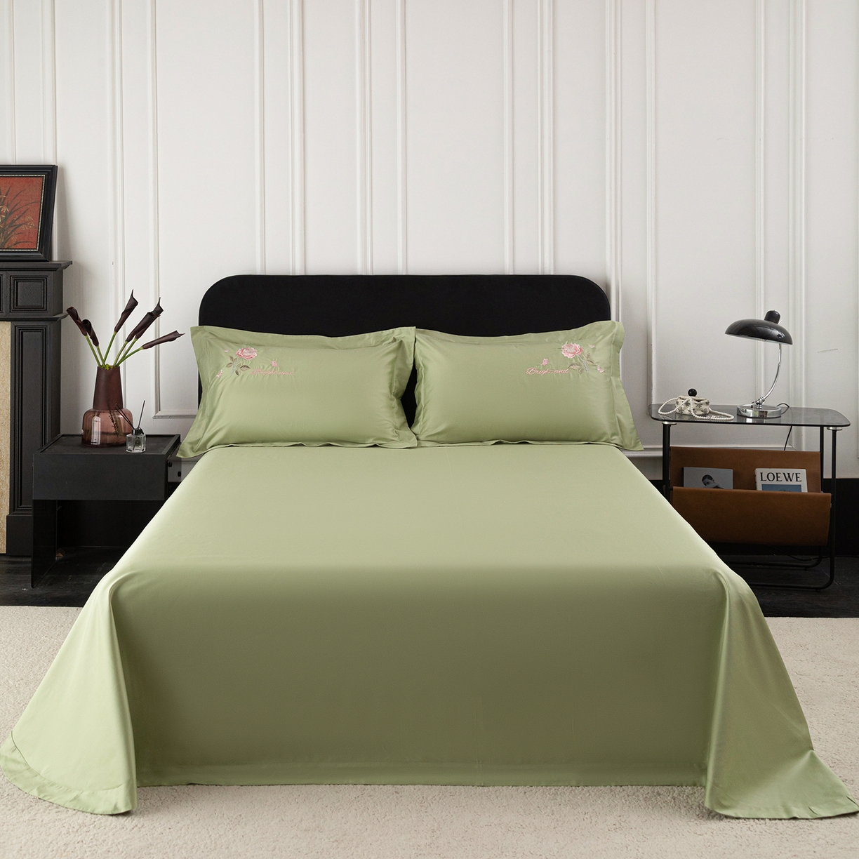 91家纺网 家纺一手货源 找家纺 莉迪娅 2026新款50s双股长绒棉纯色简约绣花床单三件套--玫瑰恋人系列 抹茶绿
