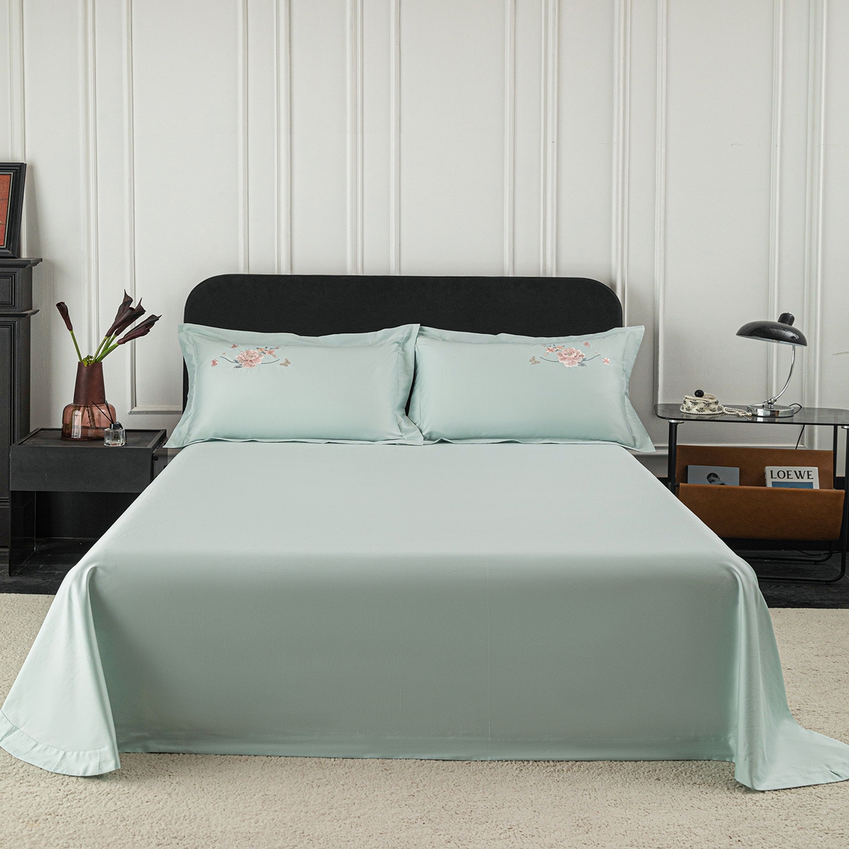 91家纺网 家纺一手货源 找家纺 （总）莉迪娅 2026新款50s双股长绒棉纯色简约绣花床单三件套--花开牡丹系列