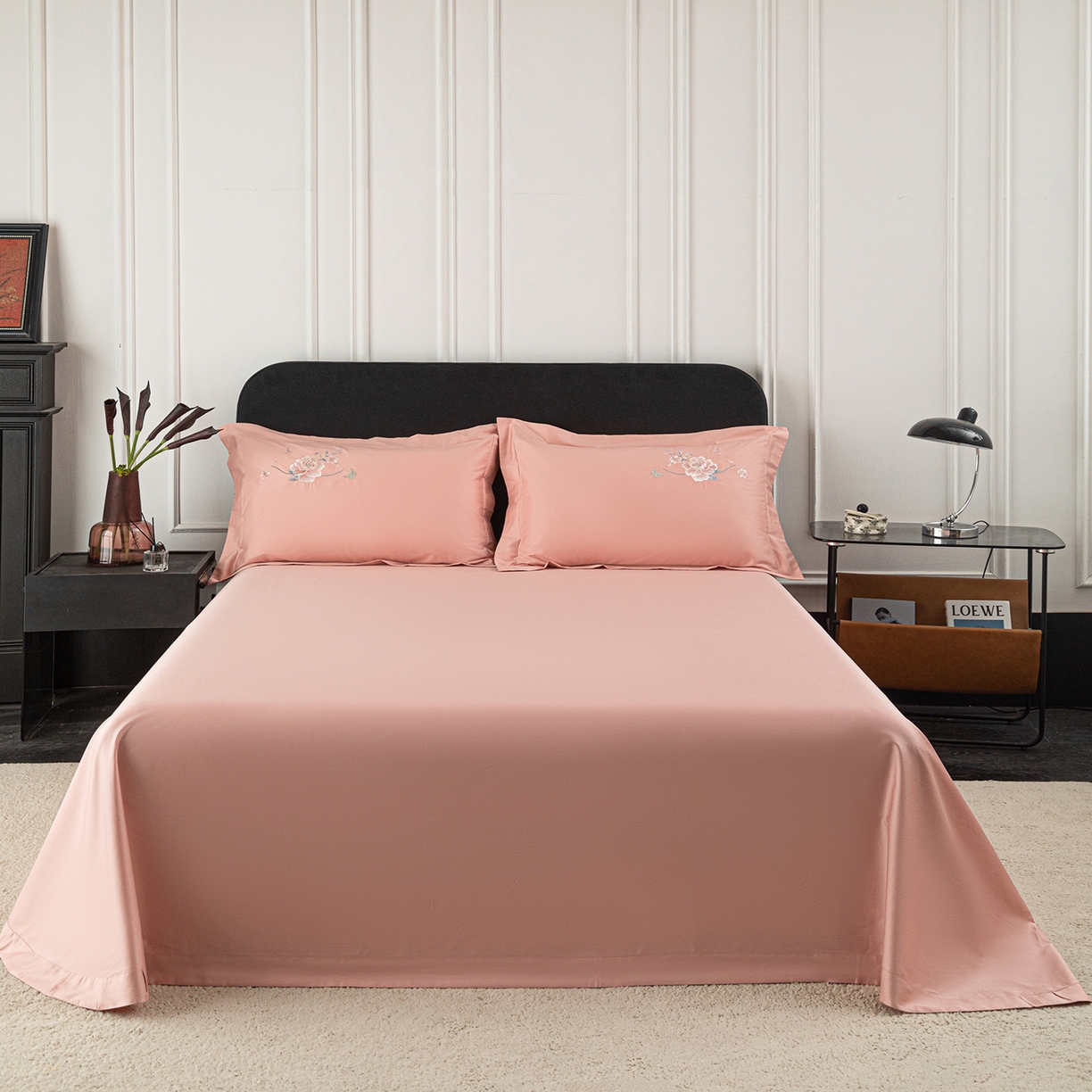 91家纺网 家纺一手货源 找家纺 （总）莉迪娅 2026新款50s双股长绒棉纯色简约绣花床单三件套--花开牡丹系列