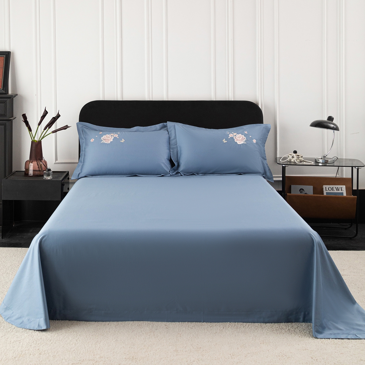 91家纺网 家纺一手货源 找家纺 （总）莉迪娅 2026新款50s双股长绒棉纯色简约绣花床单三件套--花开牡丹系列