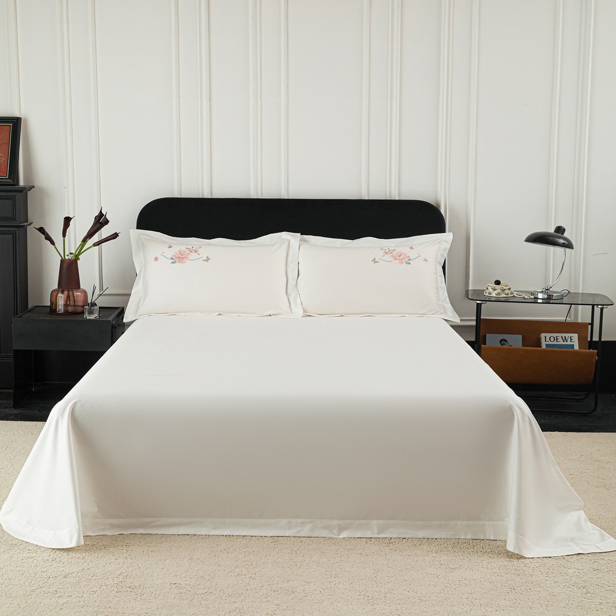 91家纺网 家纺一手货源 找家纺 （总）莉迪娅 2026新款50s双股长绒棉纯色简约绣花床单三件套--花开牡丹系列