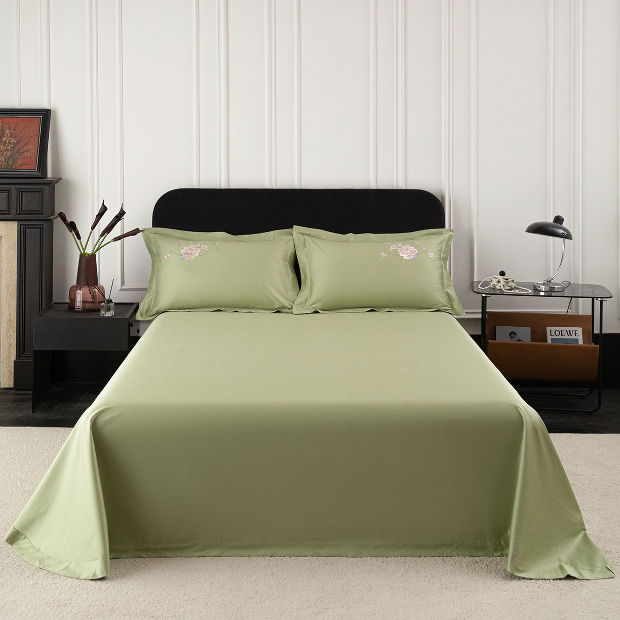 91家纺网 家纺一手货源 找家纺 （总）莉迪娅 2026新款50s双股长绒棉纯色简约绣花床单三件套--花开牡丹系列