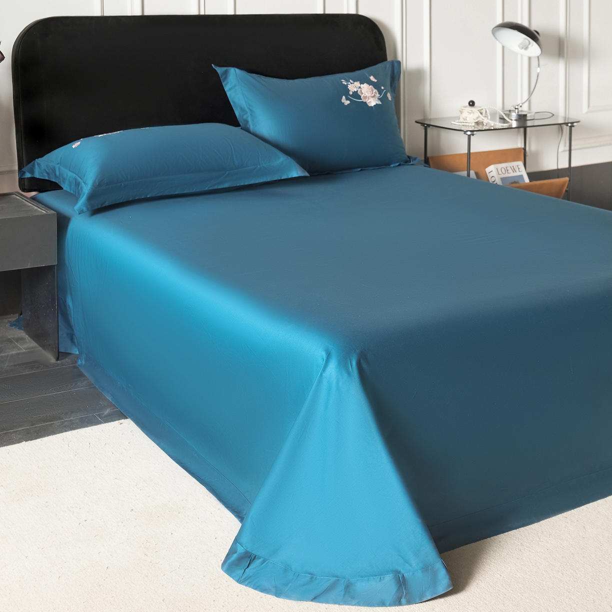 91家纺网 家纺一手货源 找家纺 莉迪娅 2026新款50s双股长绒棉纯色简约绣花床单三件套--花开牡丹系列 孔雀兰牡丹