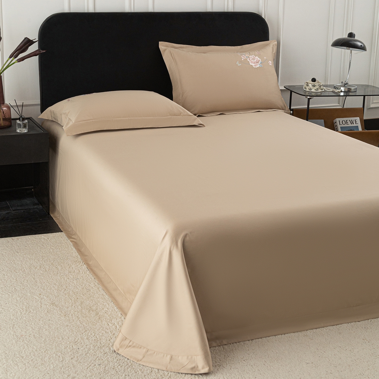 莉迪娅 2026新款50s双股长绒棉纯色简约绣花床单三件套--花开牡丹系列 卡其牡丹