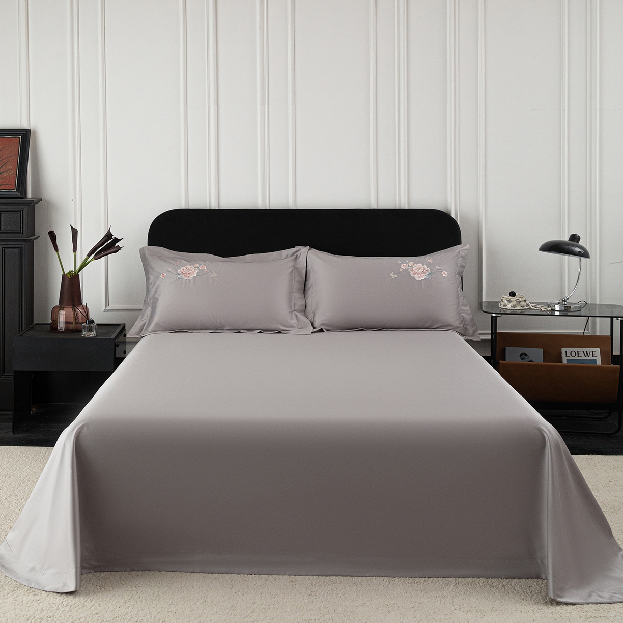 莉迪娅 2026新款50s双股长绒棉纯色简约绣花床单三件套--花开牡丹系列 富贵灰牡丹