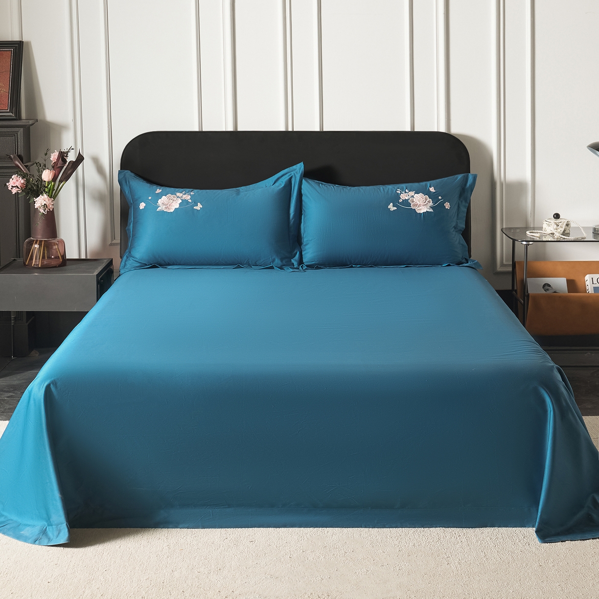 莉迪娅 2026新款50s双股长绒棉纯色简约绣花床单三件套--花开牡丹系列 孔雀兰牡丹