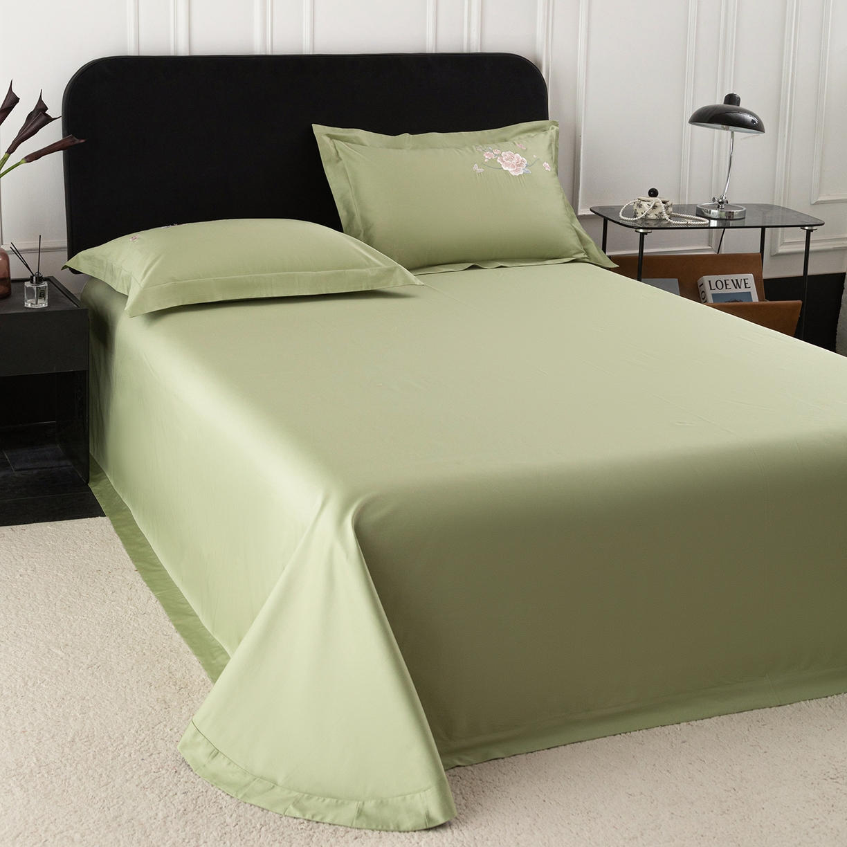 91家纺网 家纺一手货源 找家纺 莉迪娅 2026新款50s双股长绒棉纯色简约绣花床单三件套--花开牡丹系列 抹茶绿牡丹