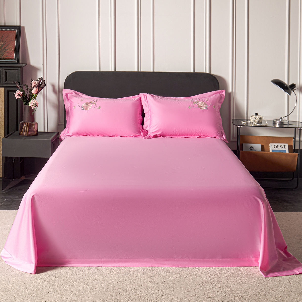 91家纺网 家纺一手货源 找家纺 （总）莉迪娅 2026新款50s双股长绒棉纯色简约绣花床单三件套--花开牡丹系列