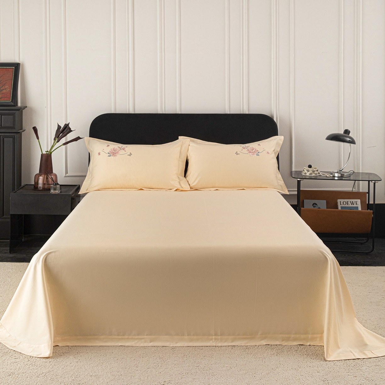 莉迪娅 2026新款50s双股长绒棉纯色简约绣花床单三件套--花开牡丹系列 奶油黄牡丹