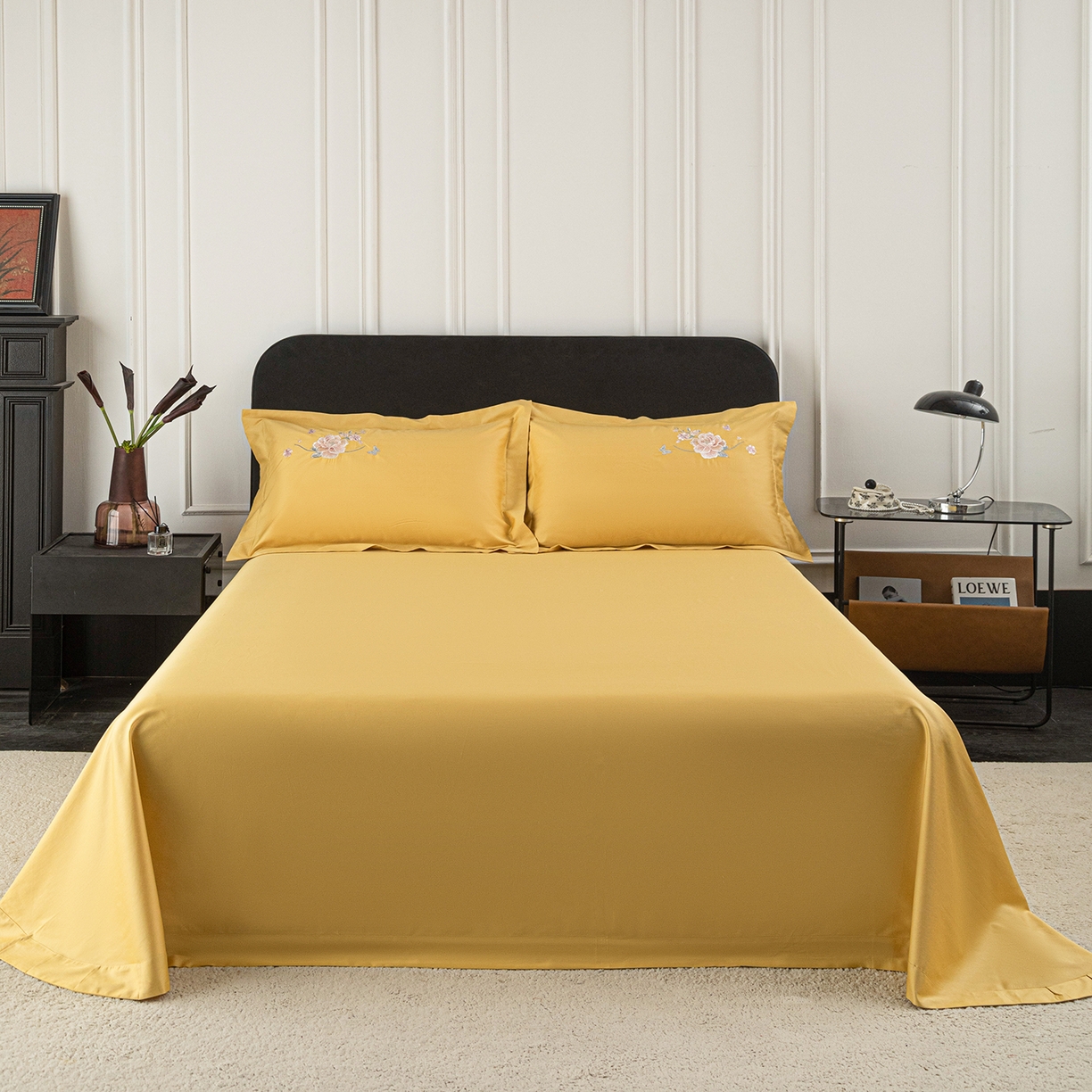 莉迪娅 2026新款50s双股长绒棉纯色简约绣花床单三件套--花开牡丹系列 姜黄牡丹