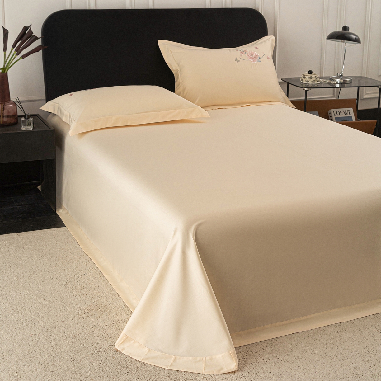 91家纺网 家纺一手货源 找家纺 莉迪娅 2026新款50s双股长绒棉纯色简约绣花床单三件套--花开牡丹系列 奶油黄牡丹