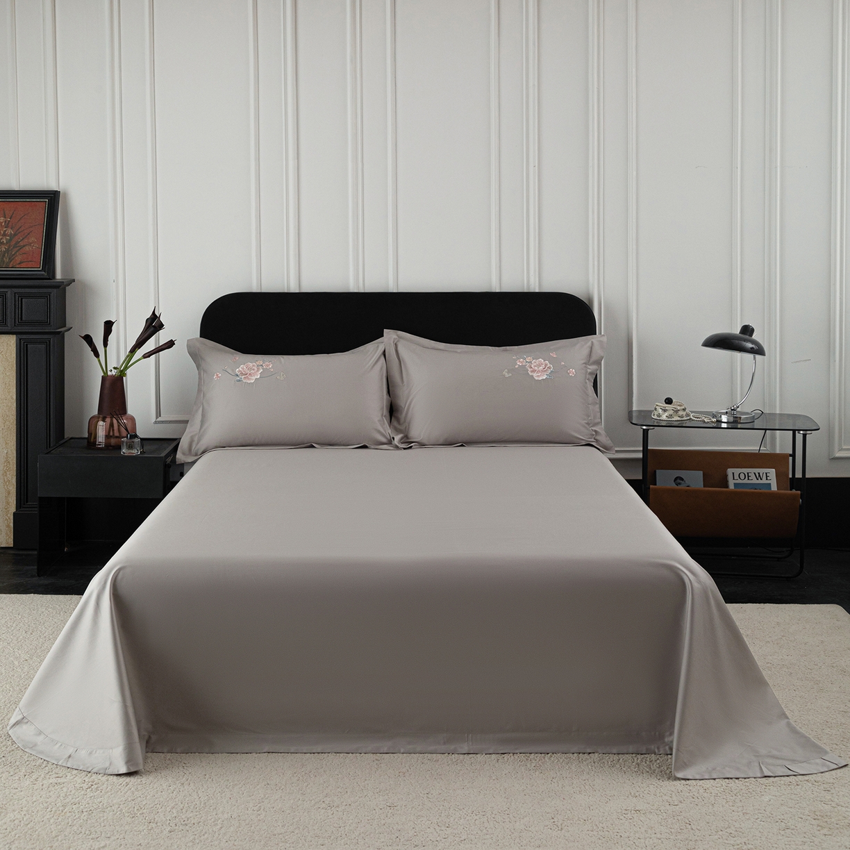 莉迪娅 2026新款50s双股长绒棉纯色简约绣花床单三件套--花开牡丹系列 高级灰牡丹