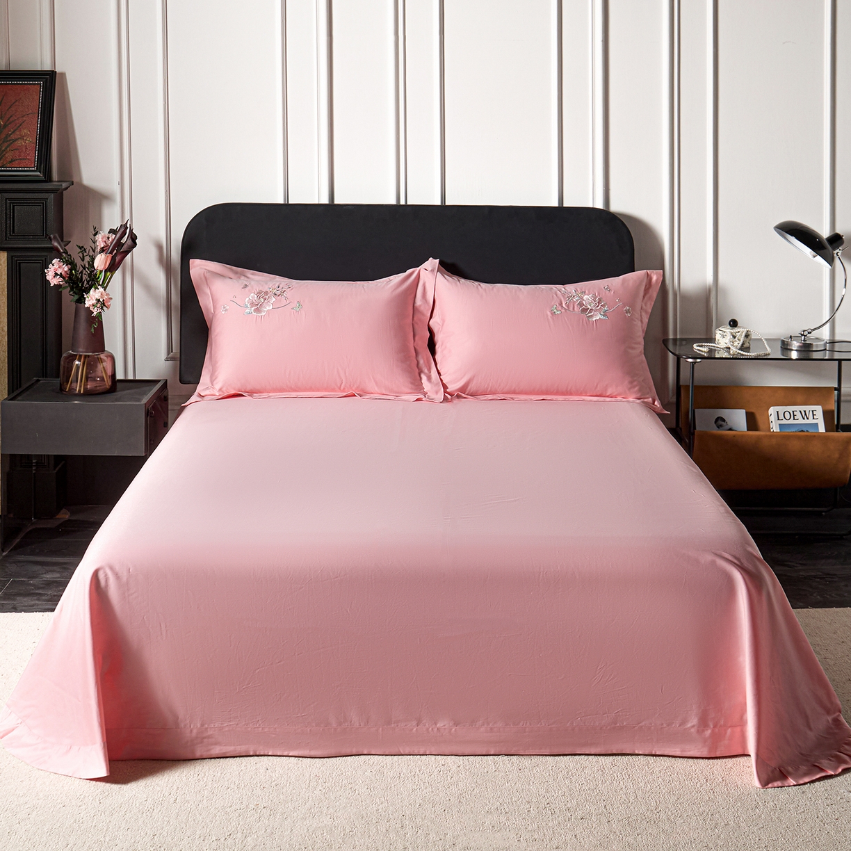 莉迪娅 2026新款50s双股长绒棉纯色简约绣花床单三件套--花开牡丹系列 樱红玉牡丹