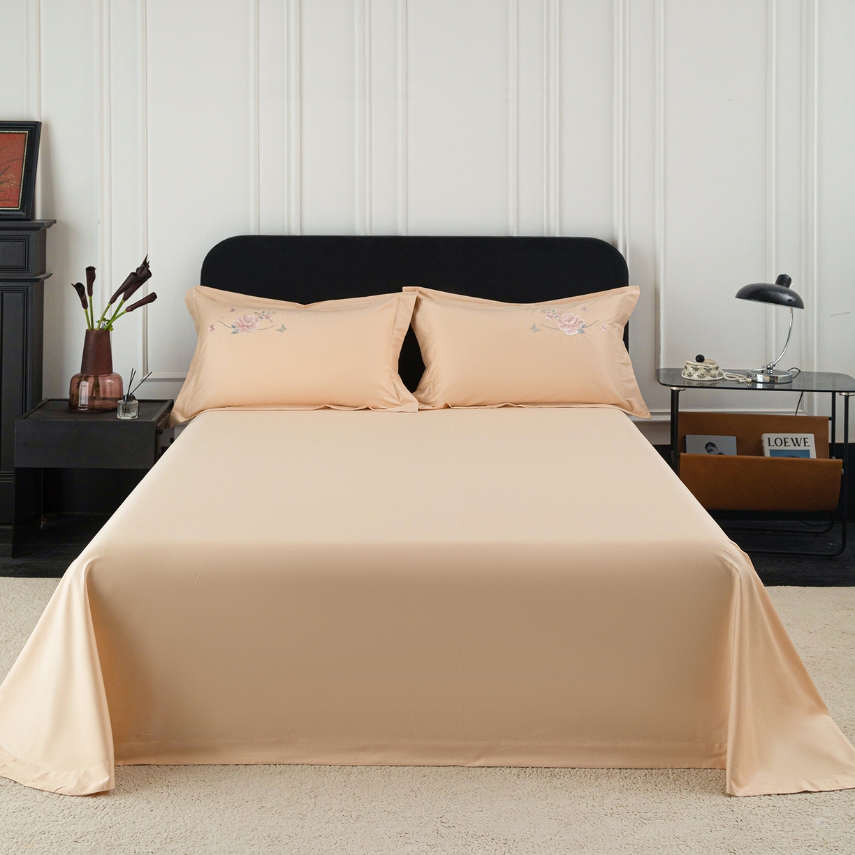 莉迪娅 2026新款50s双股长绒棉纯色简约绣花床单三件套--花开牡丹系列 香槟金牡丹