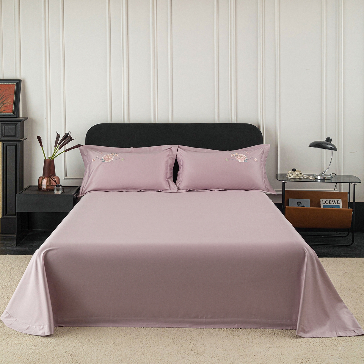 莉迪娅 2026新款50s双股长绒棉纯色简约绣花床单三件套--花开牡丹系列 香芋紫牡丹