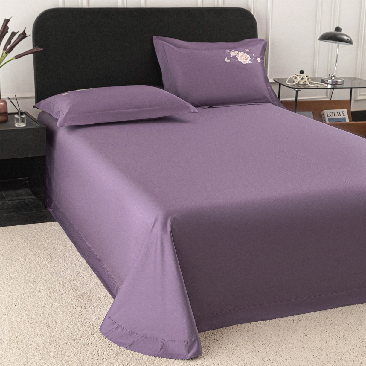 91家纺网 家纺一手货源 找家纺 莉迪娅 2026新款50s双股长绒棉纯色简约绣花床单三件套--花开牡丹系列 魅惑紫牡丹