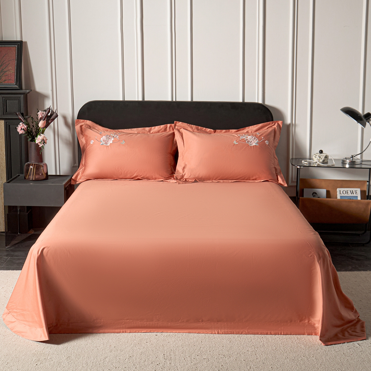 91家纺网 家纺一手货源 找家纺 （总）莉迪娅 2026新款50s双股长绒棉纯色简约绣花床单三件套--花开牡丹系列