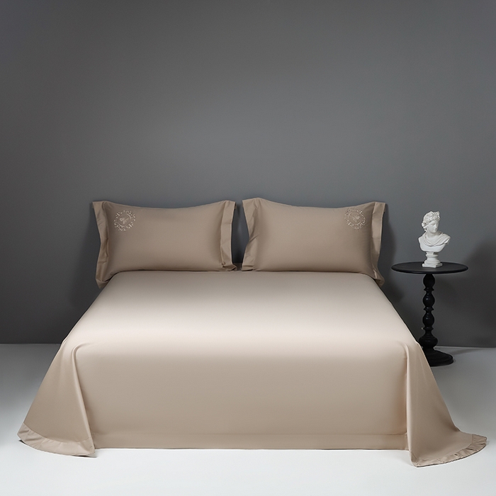 莉迪娅 2026新款50s双股长绒棉纯色简约绣花床单三件套--小蜜蜂系列 卡其