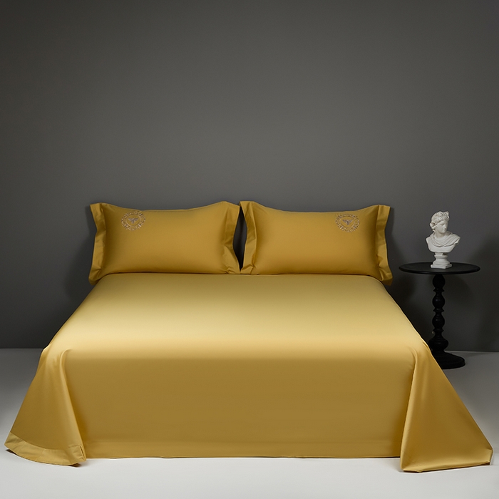 莉迪娅 2026新款50s双股长绒棉纯色简约绣花床单三件套--小蜜蜂系列 姜黄