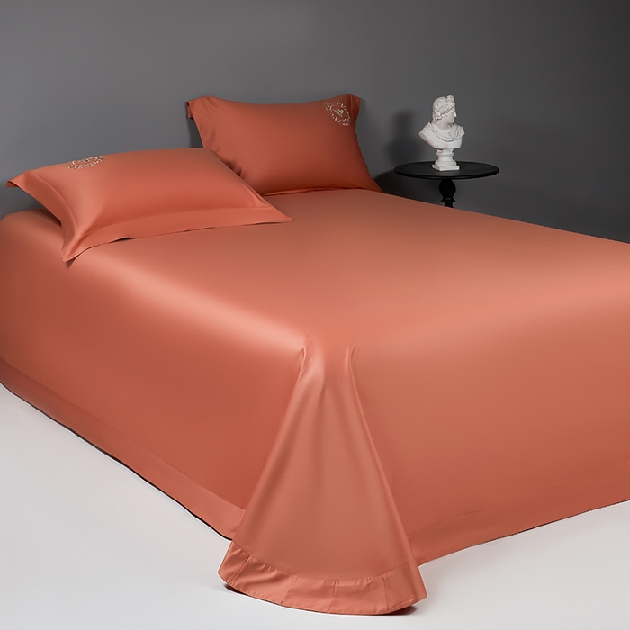 91家纺网 家纺一手货源 找家纺 莉迪娅 2026新款50s双股长绒棉纯色简约绣花床单三件套--小蜜蜂系列 爱玛橙