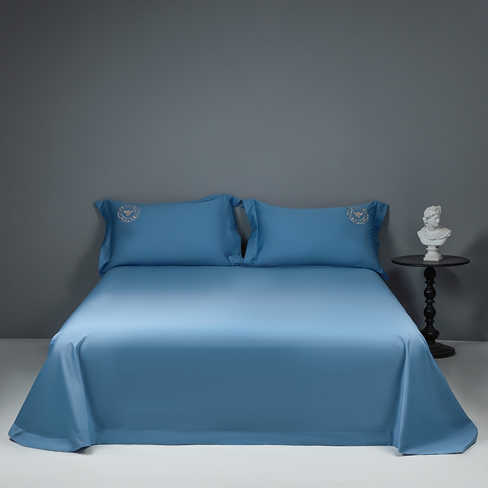 莉迪娅 2026新款50s双股长绒棉纯色简约绣花床单三件套--小蜜蜂系列 海藻蓝