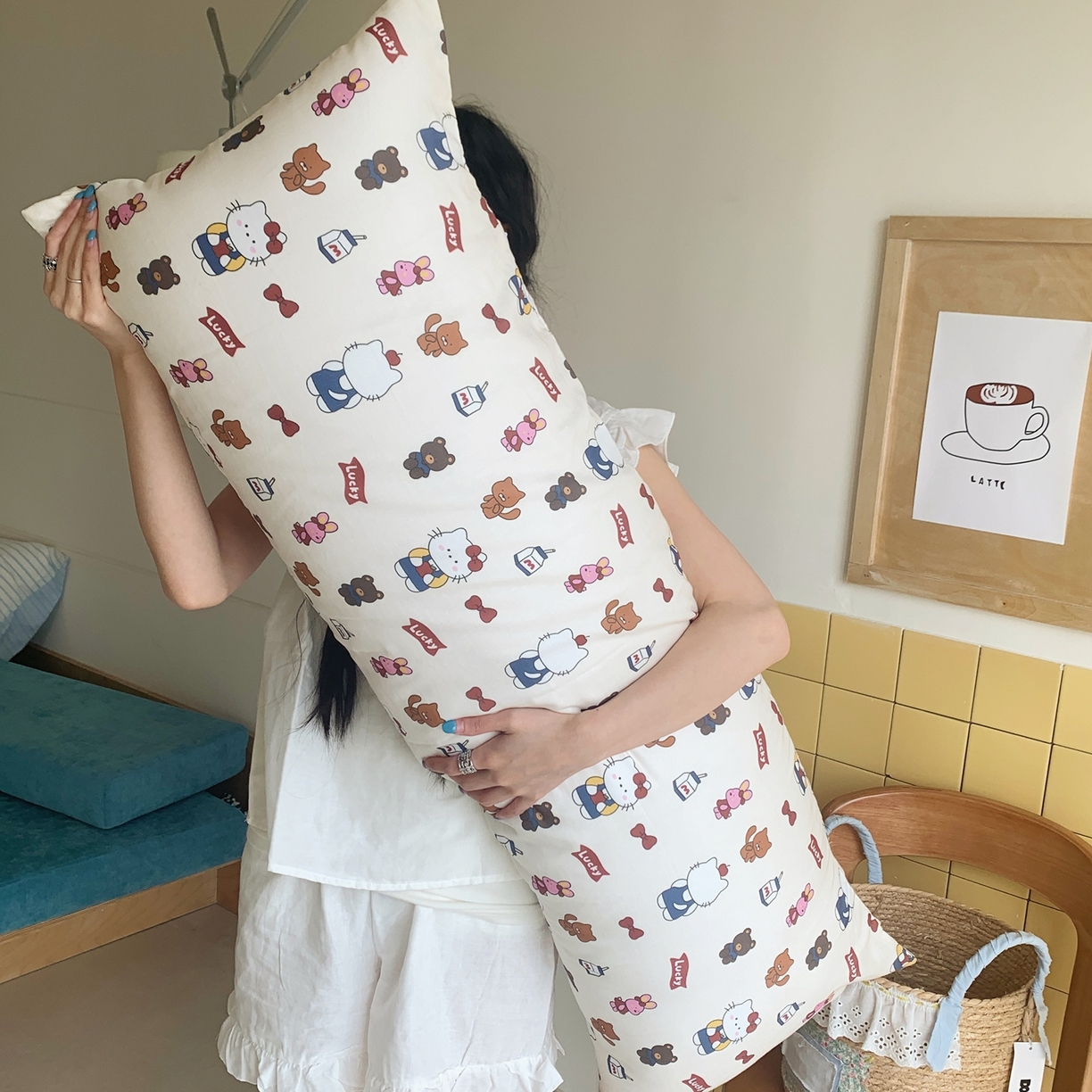 桃喜 2026新款全棉双层纱巨无霸长抱枕 双层纱长抱枕-背带裤小猫