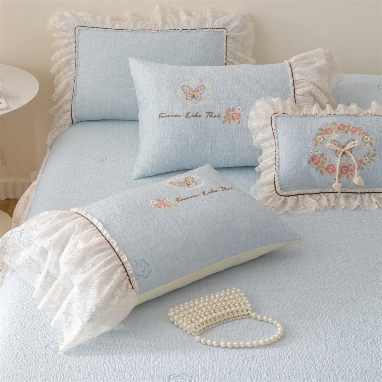 91家纺网 家纺一手货源 找家纺 好儿喜家纺 2026新款夏季冰丝软凉席乙纶凉席床裙空调软席可机洗-漫夏系列 漫夏-浅蓝