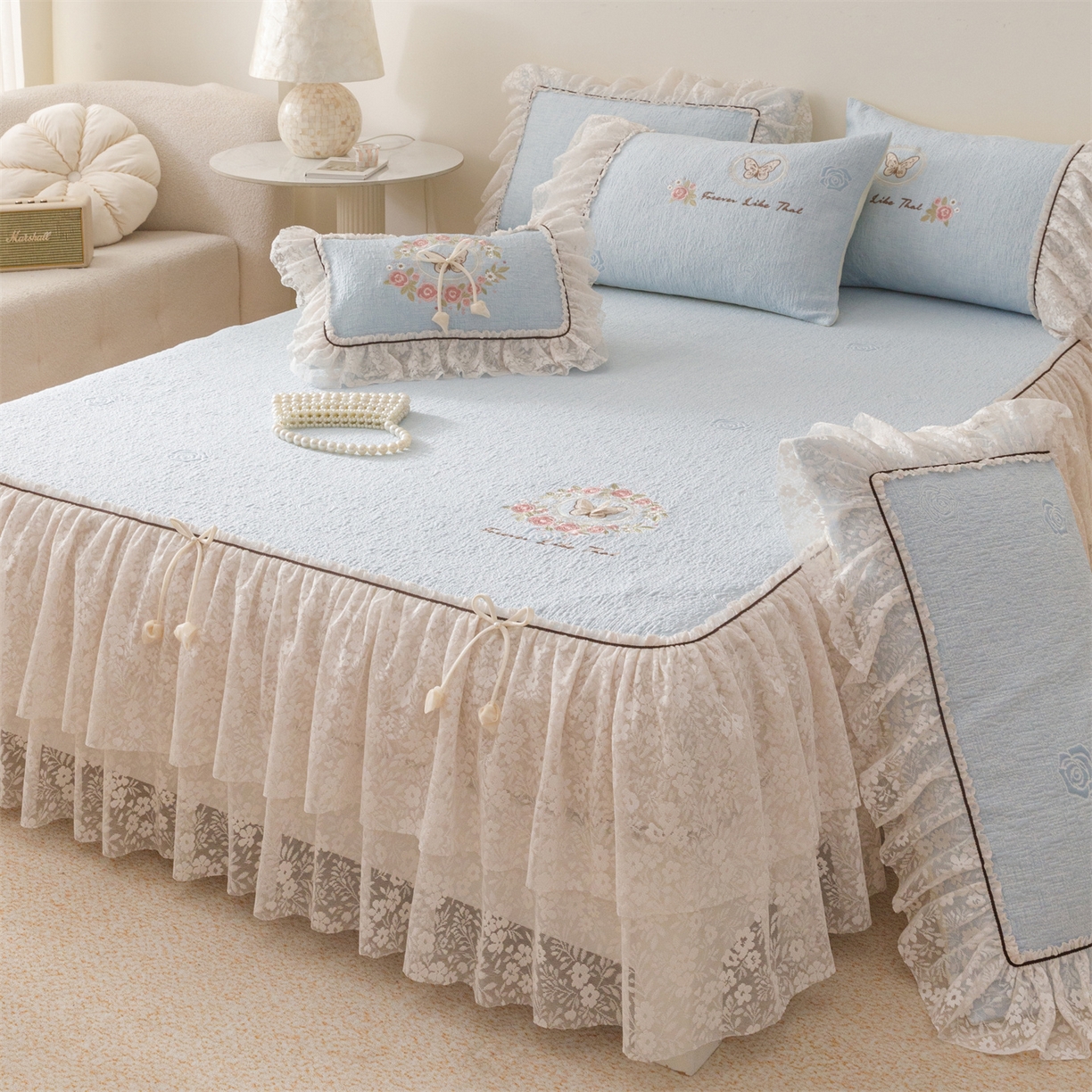 91家纺网 家纺一手货源 找家纺 好儿喜家纺 2026新款夏季冰丝软凉席乙纶凉席床裙空调软席可机洗-漫夏系列 漫夏-浅蓝