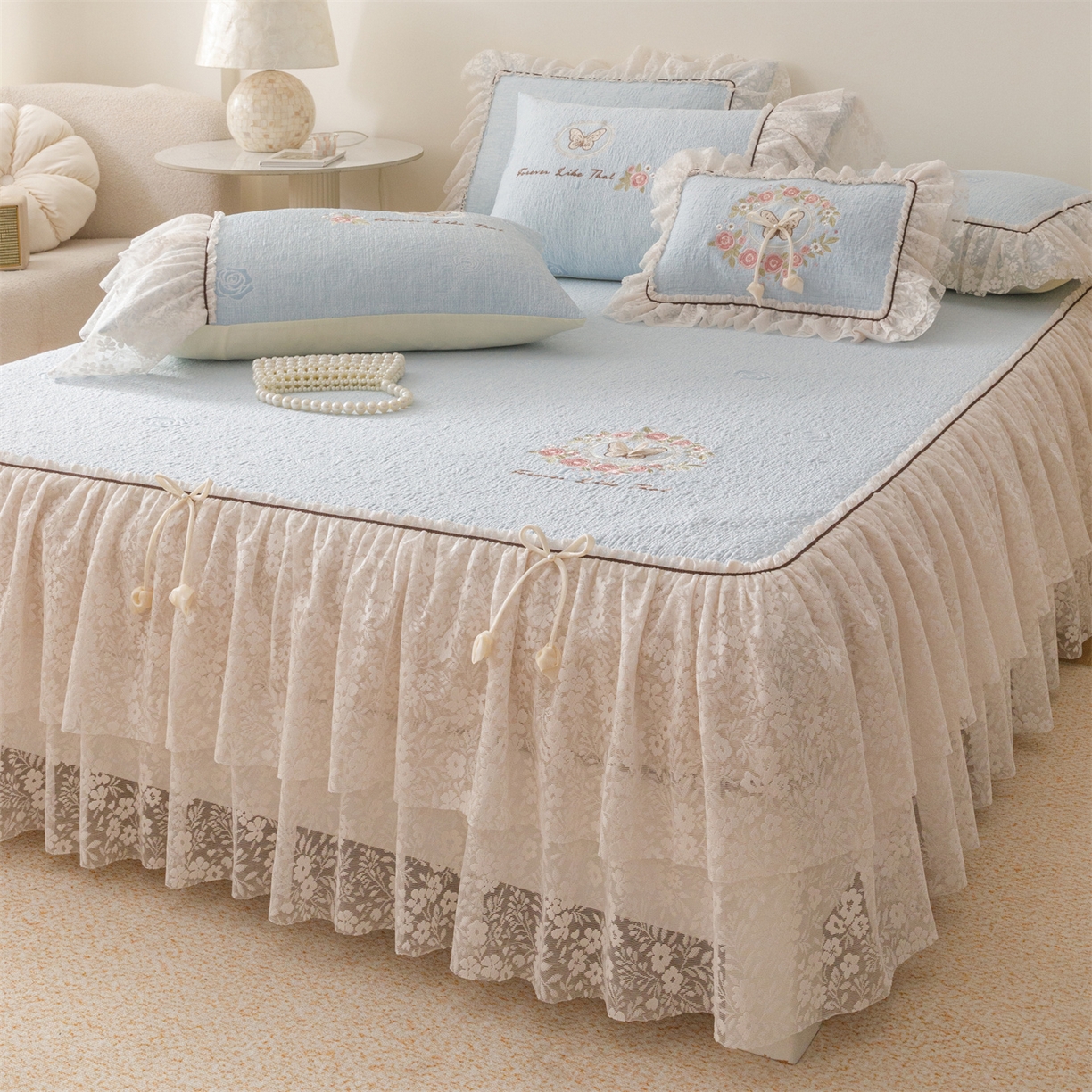 91家纺网 家纺一手货源 找家纺 好儿喜家纺 2026新款夏季冰丝软凉席乙纶凉席床裙空调软席可机洗-漫夏系列 漫夏-浅蓝