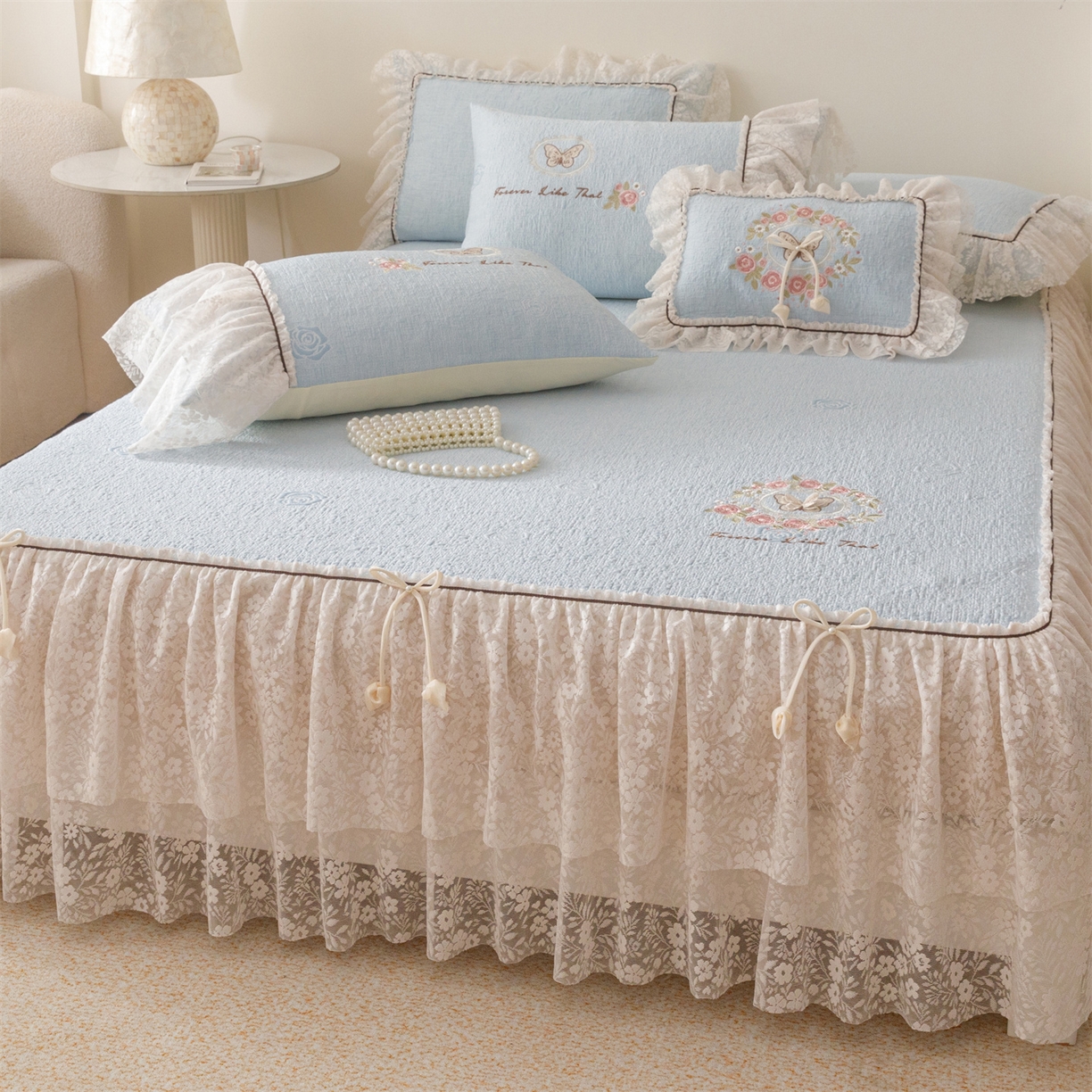 91家纺网 家纺一手货源 找家纺 好儿喜家纺 2026新款夏季冰丝软凉席乙纶凉席床裙空调软席可机洗-漫夏系列 漫夏-浅蓝