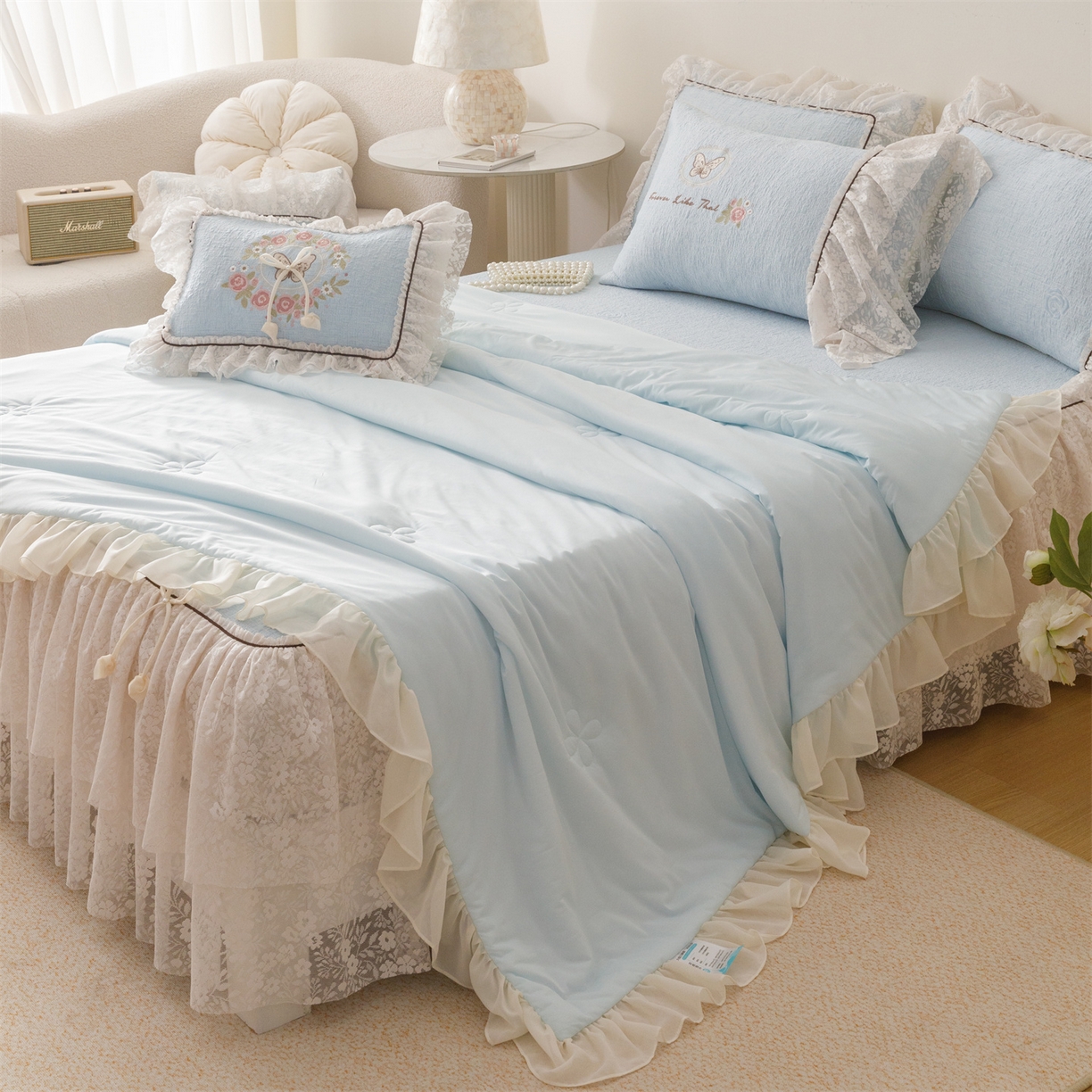 91家纺网 家纺一手货源 找家纺 好儿喜家纺 2026新款夏季冰丝软凉席乙纶凉席床裙空调软席可机洗-漫夏系列 漫夏-浅蓝