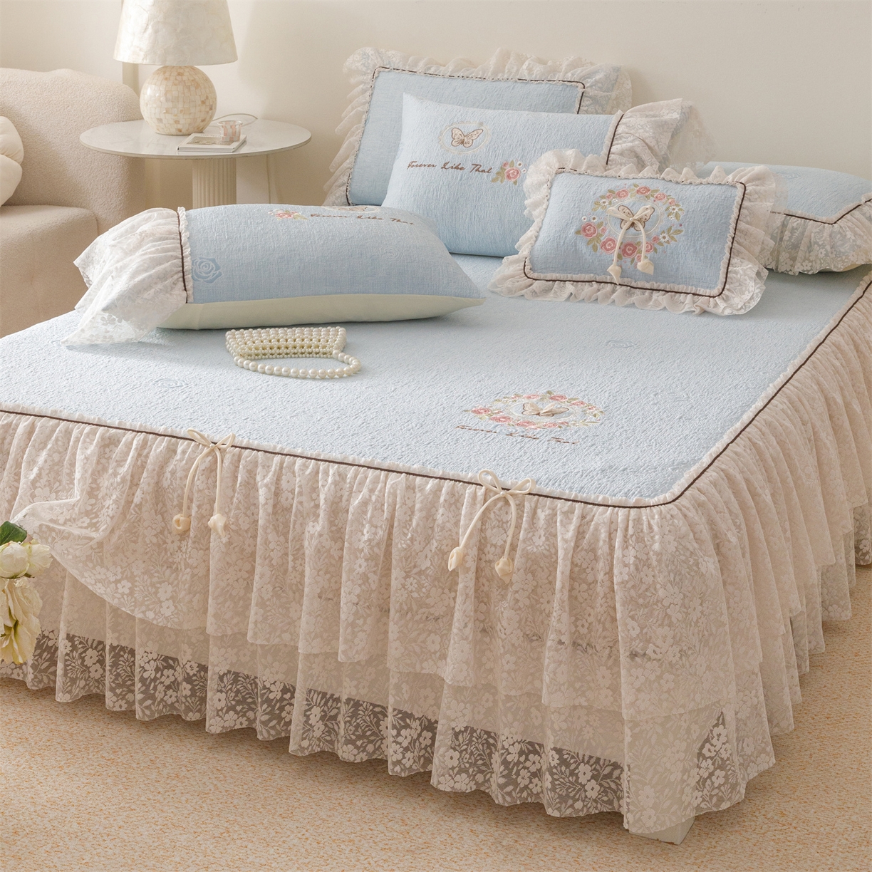 91家纺网 家纺一手货源 找家纺 好儿喜家纺 2026新款夏季冰丝软凉席乙纶凉席床裙空调软席可机洗-漫夏系列 漫夏-浅蓝