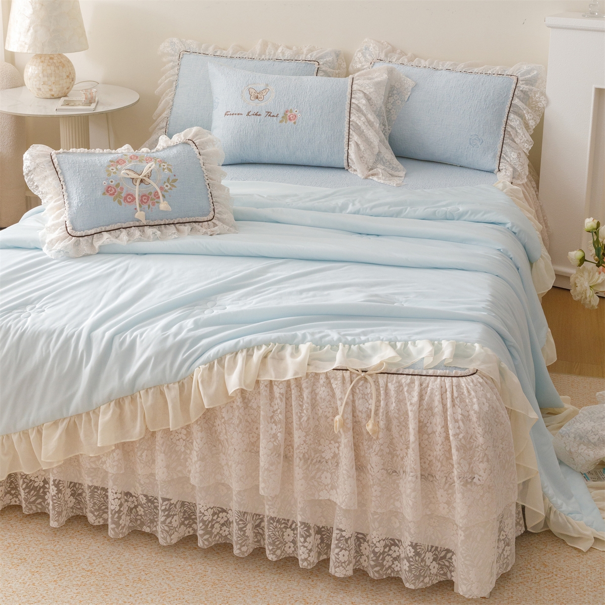 91家纺网 家纺一手货源 找家纺 好儿喜家纺 2026新款夏季冰丝软凉席乙纶凉席床裙空调软席可机洗-漫夏系列 漫夏-浅蓝