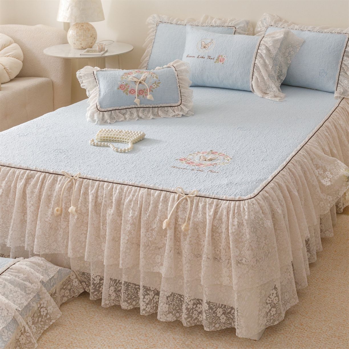 91家纺网 家纺一手货源 找家纺 好儿喜家纺 2026新款夏季冰丝软凉席乙纶凉席床裙空调软席可机洗-漫夏系列 漫夏-浅蓝