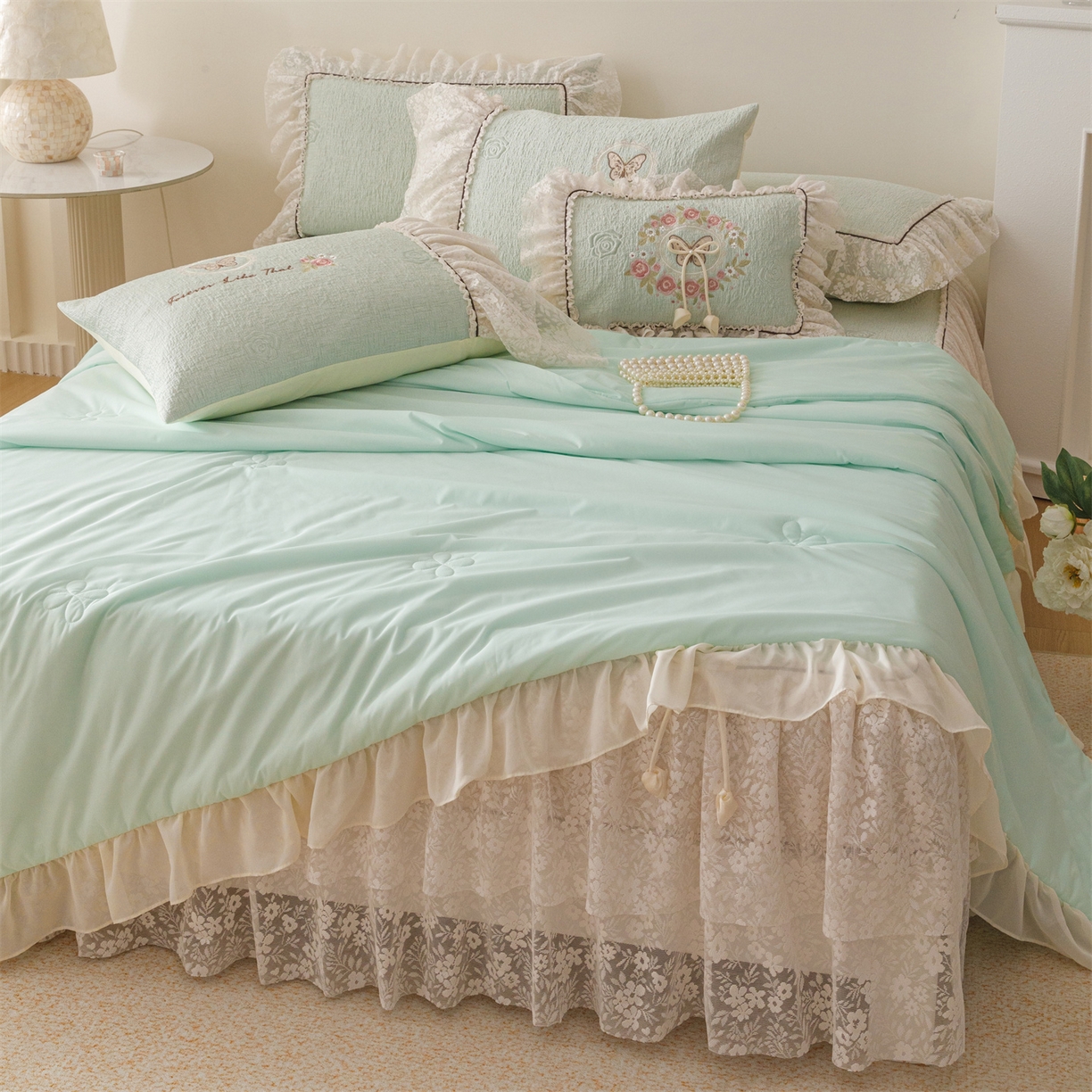 91家纺网 家纺一手货源 找家纺 好儿喜家纺 2026新款夏季冰丝软凉席乙纶凉席床裙空调软席可机洗-漫夏系列 漫夏-浅绿