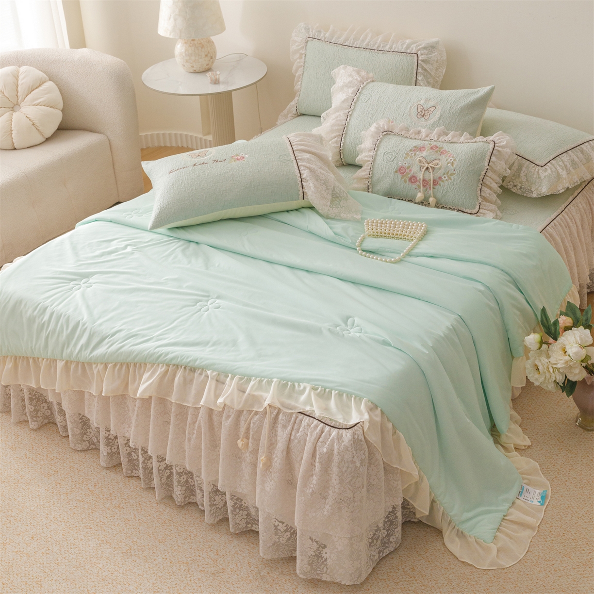 91家纺网 家纺一手货源 找家纺 好儿喜家纺 2026新款夏季冰丝软凉席乙纶凉席床裙空调软席可机洗-漫夏系列 漫夏-浅绿