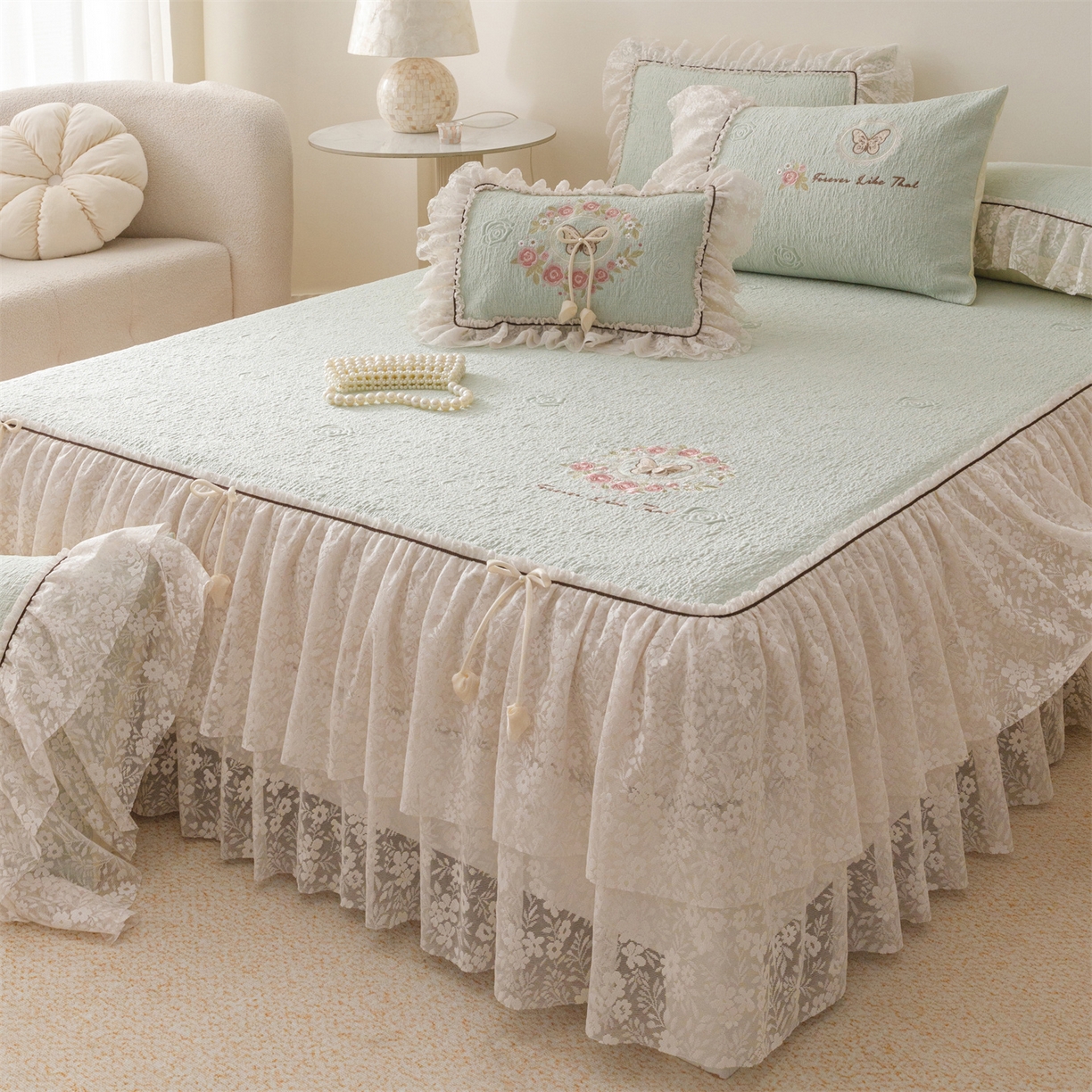 91家纺网 家纺一手货源 找家纺 好儿喜家纺 2026新款夏季冰丝软凉席乙纶凉席床裙空调软席可机洗-漫夏系列 漫夏-浅绿