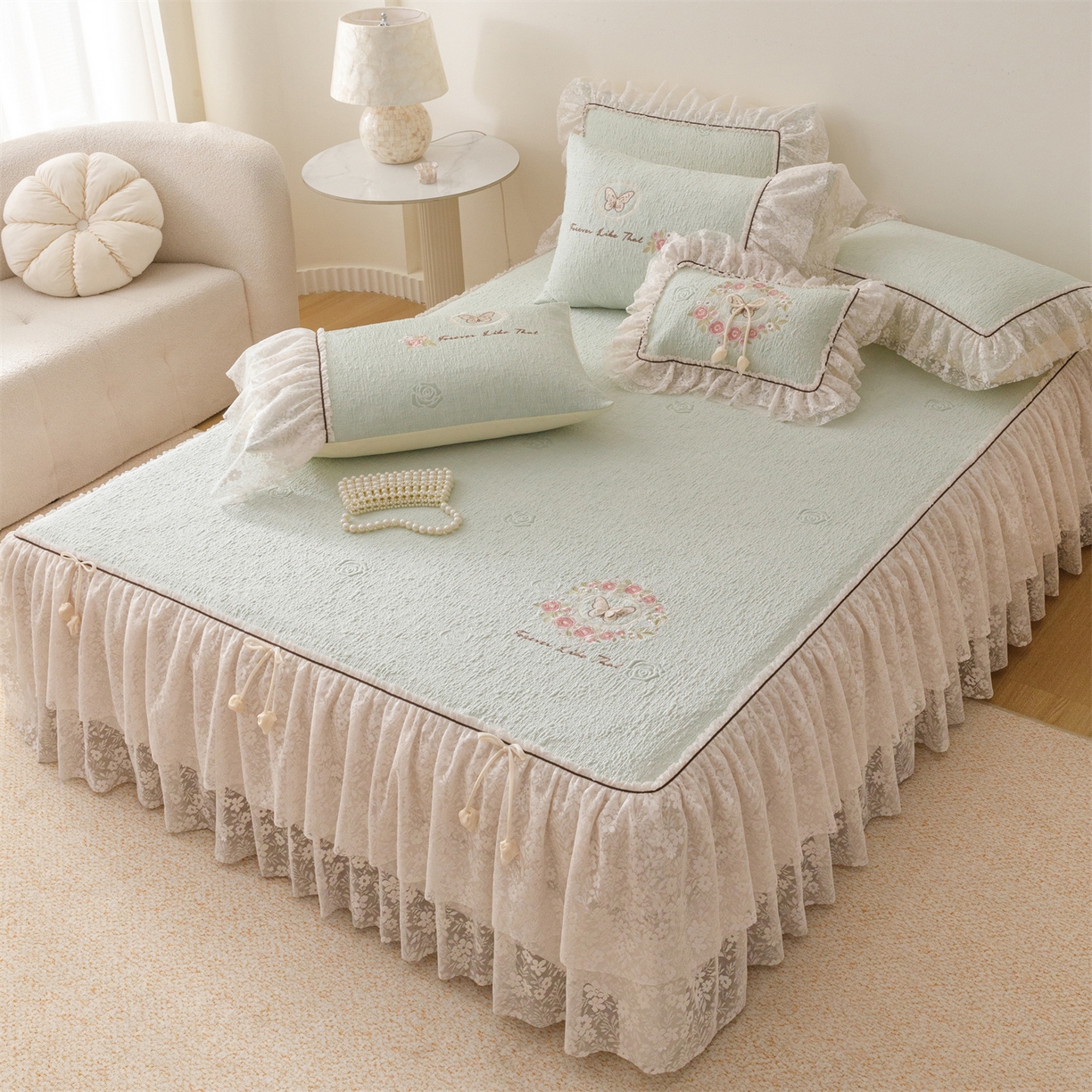 91家纺网 家纺一手货源 找家纺 好儿喜家纺 2026新款夏季冰丝软凉席乙纶凉席床裙空调软席可机洗-漫夏系列 漫夏-浅绿