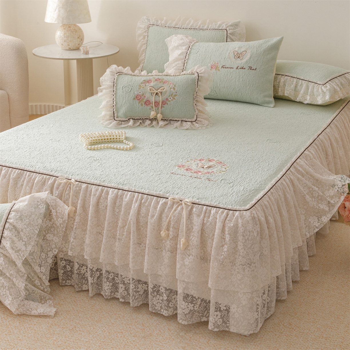 91家纺网 家纺一手货源 找家纺 好儿喜家纺 2026新款夏季冰丝软凉席乙纶凉席床裙空调软席可机洗-漫夏系列 漫夏-浅绿