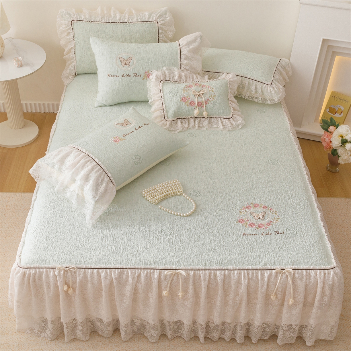 91家纺网 家纺一手货源 找家纺 好儿喜家纺 2026新款夏季冰丝软凉席乙纶凉席床裙空调软席可机洗-漫夏系列 漫夏-浅绿