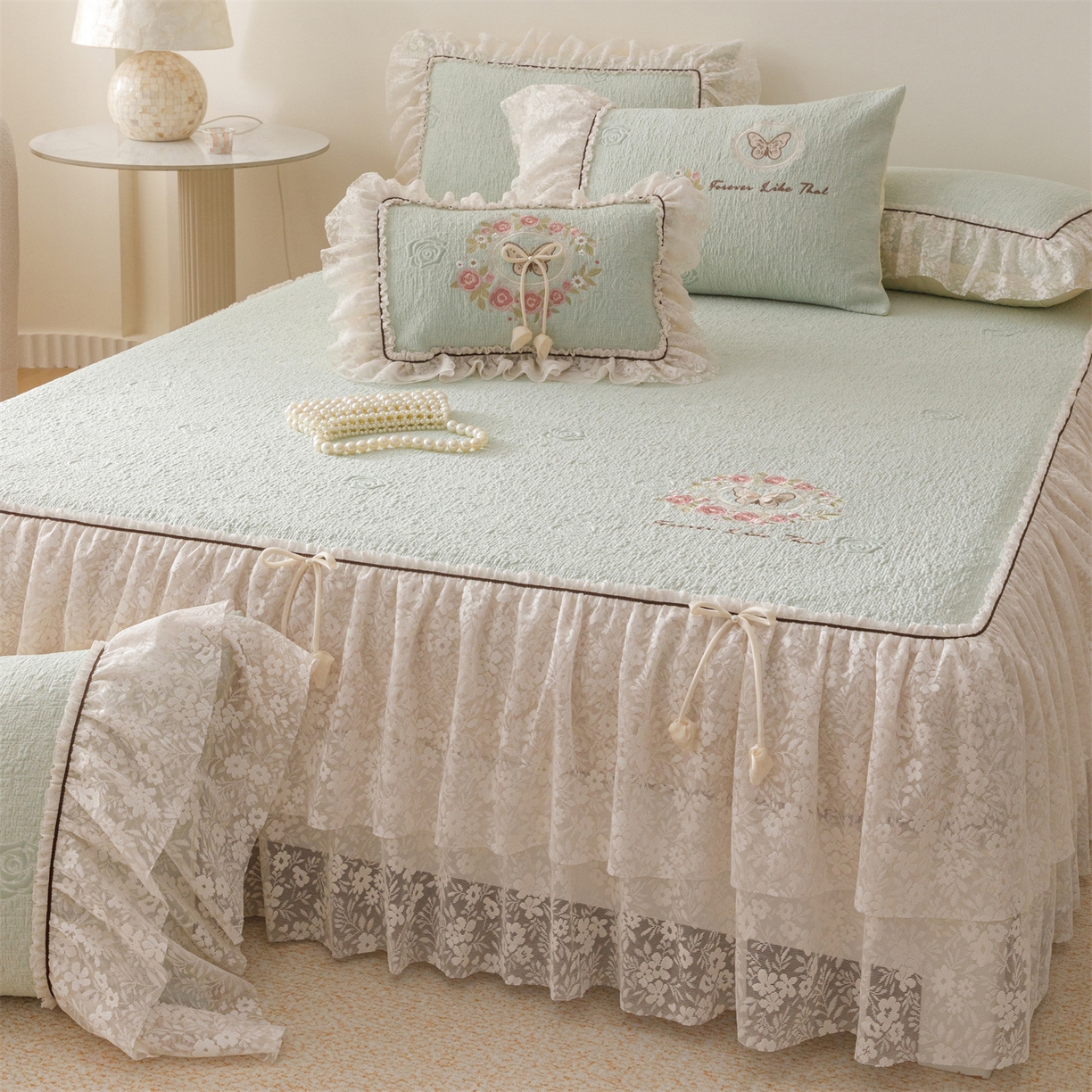 91家纺网 家纺一手货源 找家纺 好儿喜家纺 2026新款夏季冰丝软凉席乙纶凉席床裙空调软席可机洗-漫夏系列 漫夏-浅绿