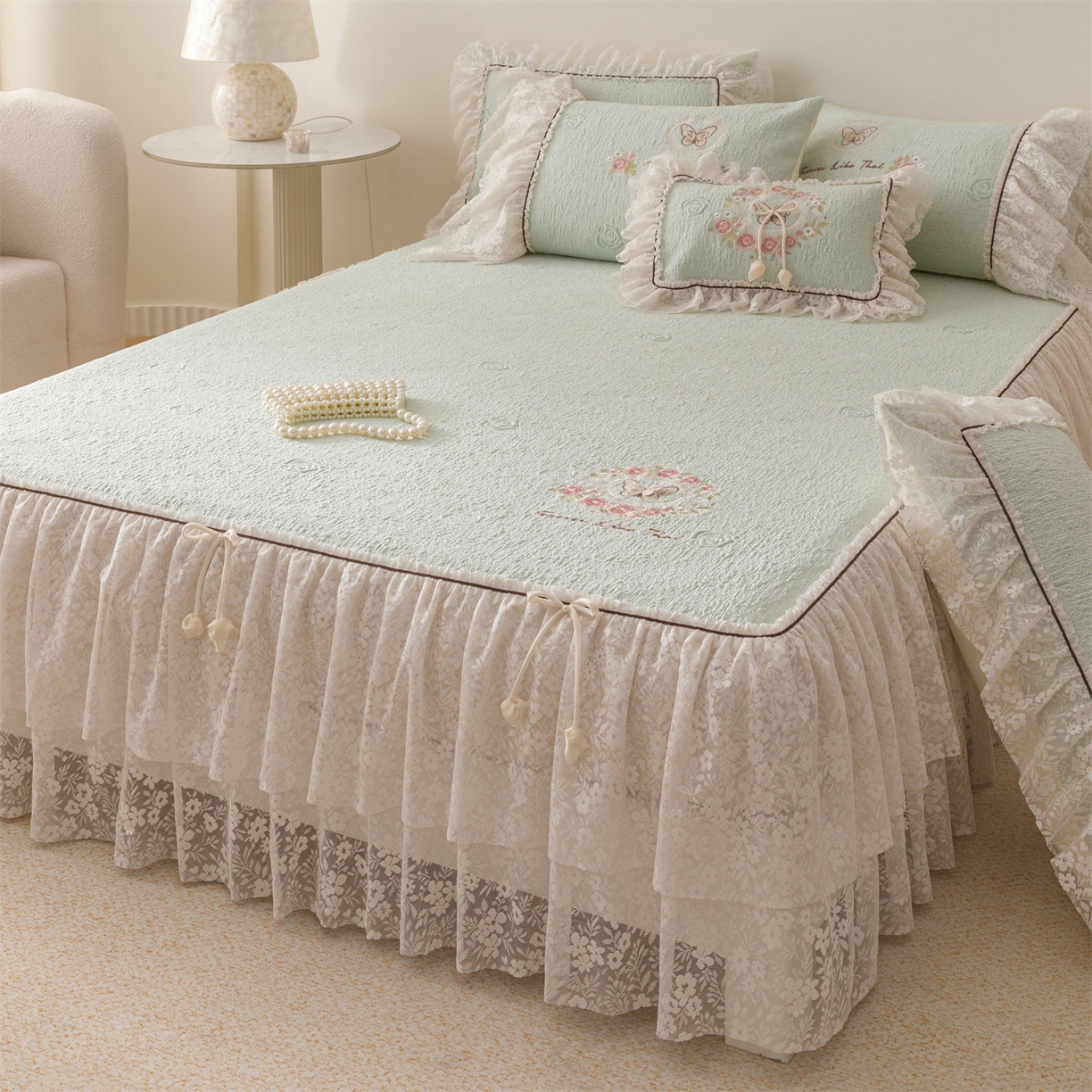 91家纺网 家纺一手货源 找家纺 好儿喜家纺 2026新款夏季冰丝软凉席乙纶凉席床裙空调软席可机洗-漫夏系列 漫夏-浅绿