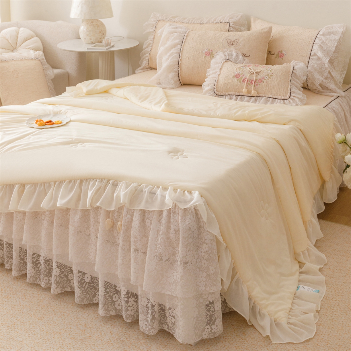 91家纺网 家纺一手货源 找家纺 好儿喜家纺 2026新款软凉席空调软席乙纶凉席床裙可机洗夏被夏凉被空调被四件套-漫夏系列 漫夏-香槟