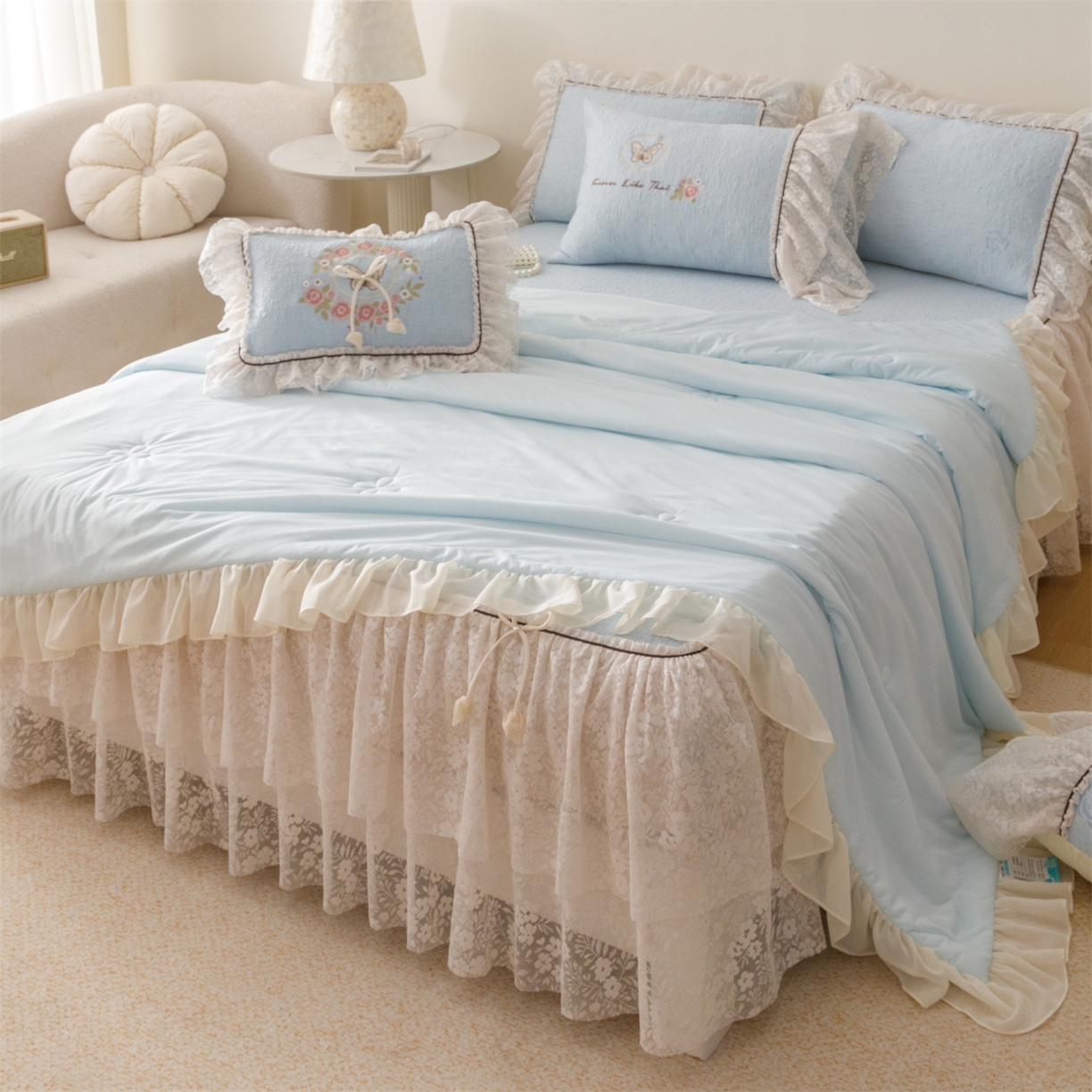 好儿喜家纺 2026新款软凉席空调软席乙纶凉席床裙可机洗夏被夏凉被空调被四件套-漫夏系列 漫夏-浅蓝