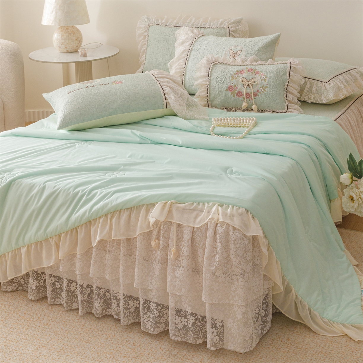 好儿喜家纺 2026新款软凉席空调软席乙纶凉席床裙可机洗夏被夏凉被空调被四件套-漫夏系列 漫夏-浅绿