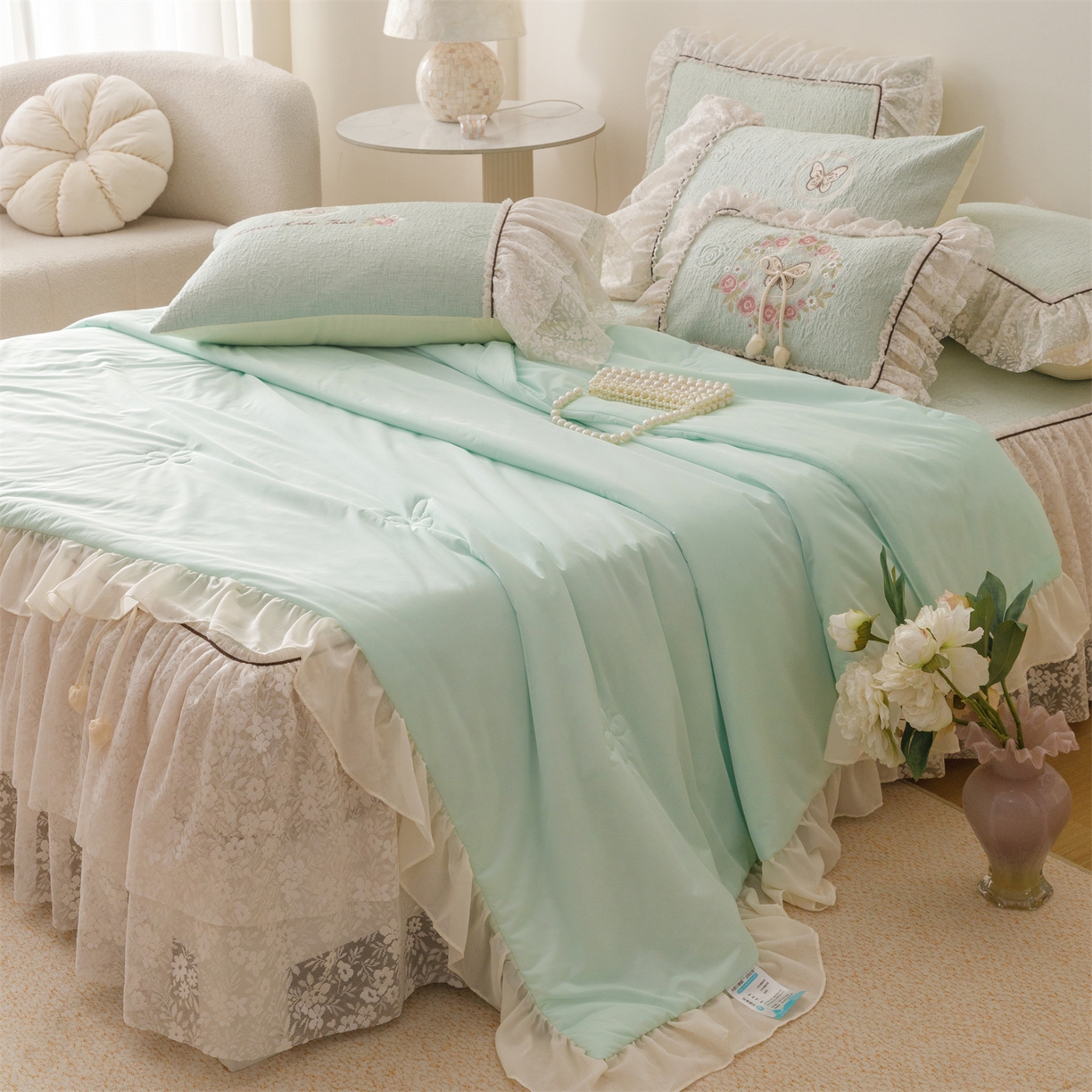 91家纺网 家纺一手货源 找家纺 好儿喜家纺 2026新款软凉席空调软席乙纶凉席床裙可机洗夏被夏凉被空调被四件套-漫夏系列 漫夏-浅绿