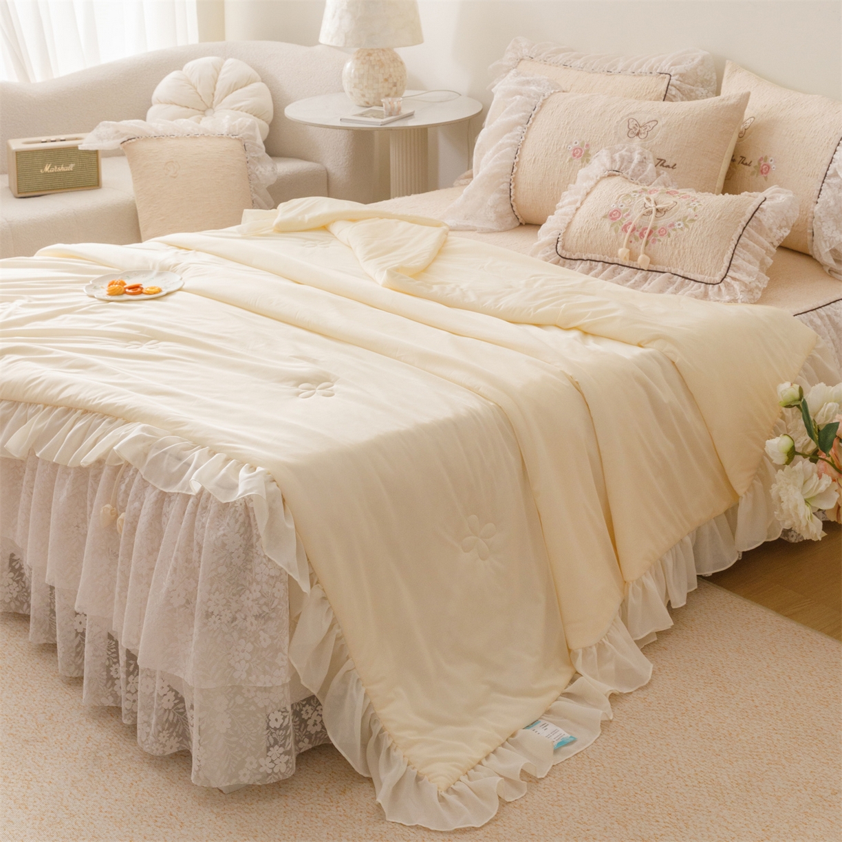 91家纺网 家纺一手货源 找家纺 好儿喜家纺 2026新款软凉席空调软席乙纶凉席床裙可机洗夏被夏凉被空调被四件套-漫夏系列 漫夏-香槟