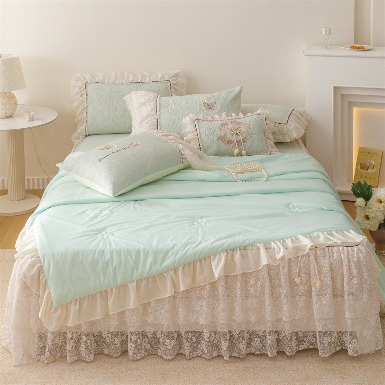 91家纺网 家纺一手货源 找家纺 好儿喜家纺 2026新款软凉席空调软席乙纶凉席床裙可机洗夏被夏凉被空调被四件套-漫夏系列 漫夏-浅绿