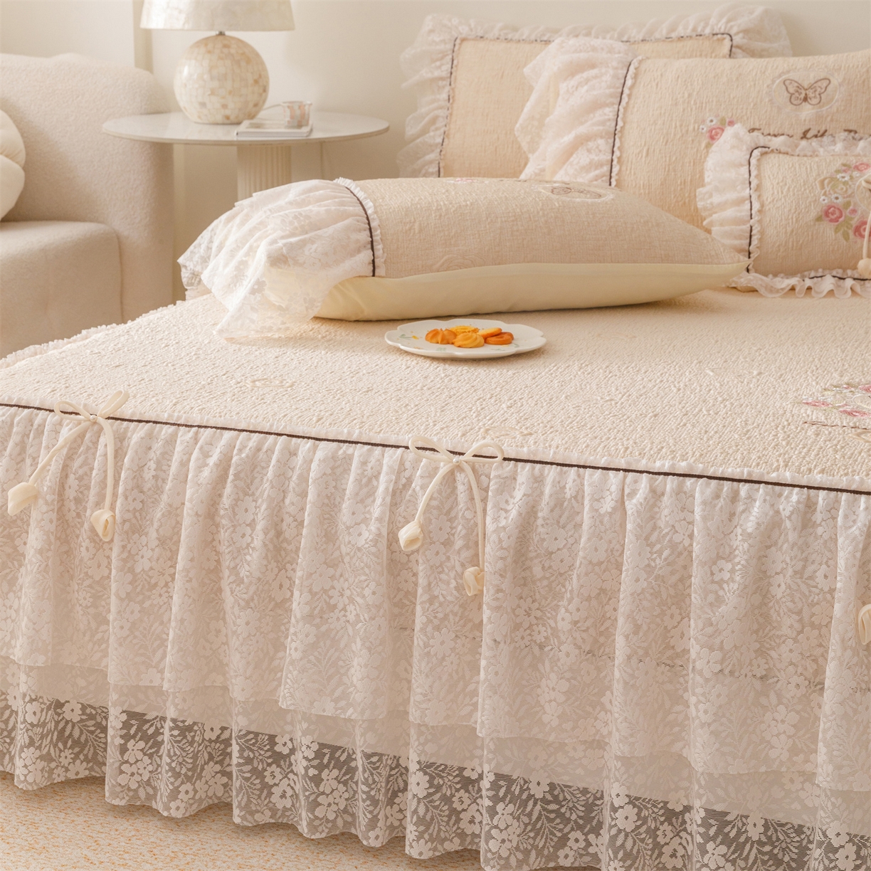 91家纺网 家纺一手货源 找家纺 好儿喜家纺 2026新款软凉席空调软席乙纶凉席床裙可机洗夏被夏凉被空调被四件套-漫夏系列 漫夏-香槟