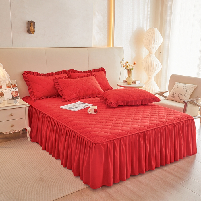 91家纺网 家纺一手货源 找家纺 怡源梦 2026新款幸运草夹棉床裙床裙单品床裙单件 幸运草-大红